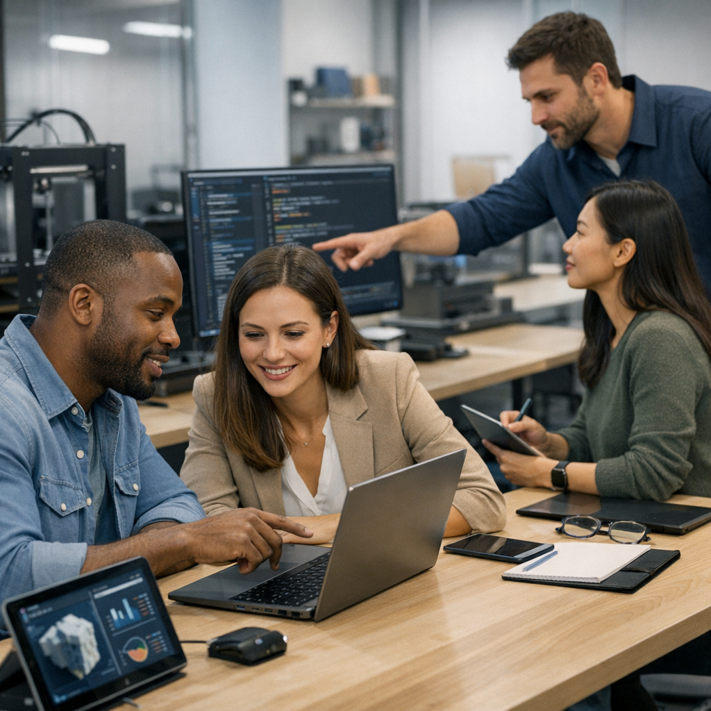 Professional Workspace with Tech Professionals Collaborating