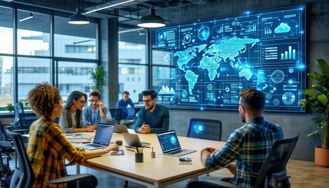 The image depicts a modern office environment bustling with activity where a diverse team of IT professionals collaborates around a large digital screen displaying complex data analytics related to energy grids Brightly lit with contemporary furnishi