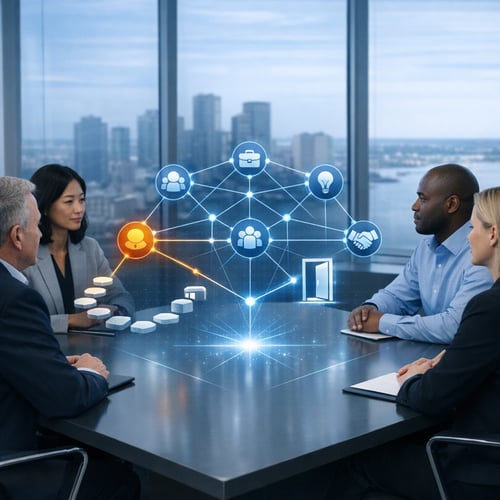 Diverse IT Team Analyzing Holographic Talent Blueprint
