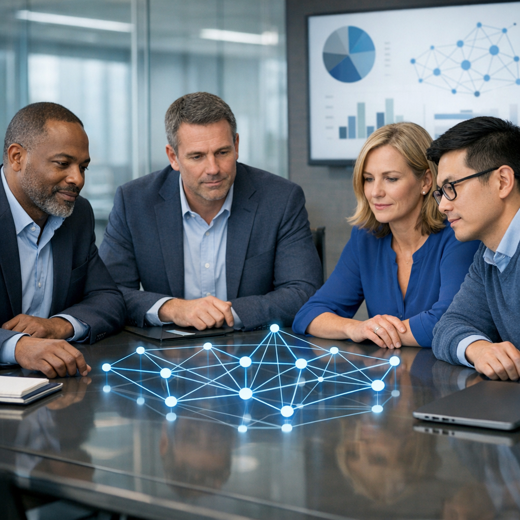 Talent Leaders Reviewing AR Blueprint in Modern Conference Room