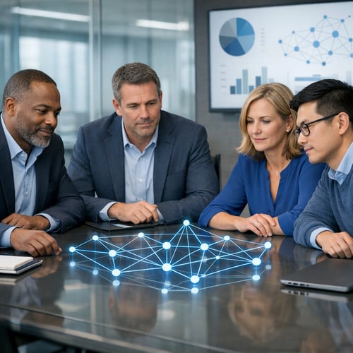 Talent Leaders Reviewing AR Blueprint in Modern Conference Room